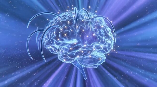 Abstract 3D render of a glowing blue digital brain with neural networks and data particles. Concept of artificial intelligence, machine learning, and cognitive computing technology.