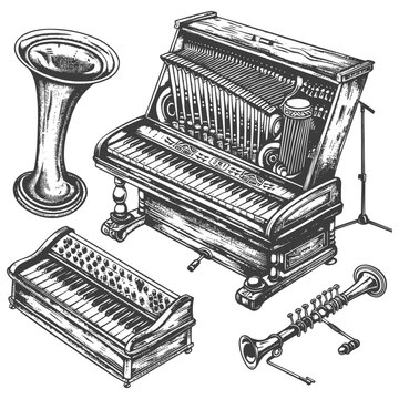 Hand-drawn Illustration of Vintage Musical Instruments