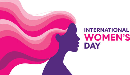 International Womens Day poster with purple silhouette of woman and flowing pink hair International Women's Day © Riyaj Vector Valley