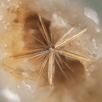 Rutile needles star, golden radiating needles inside quartz forming a star pattern, macro