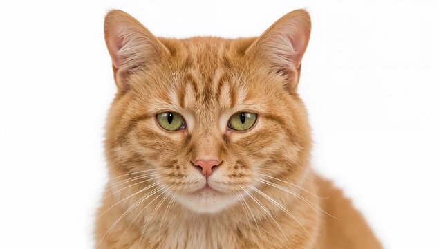 Calm ginger cat face with bright green eyes closeup on white background, whiskers, feline expression, domestic animal beauty