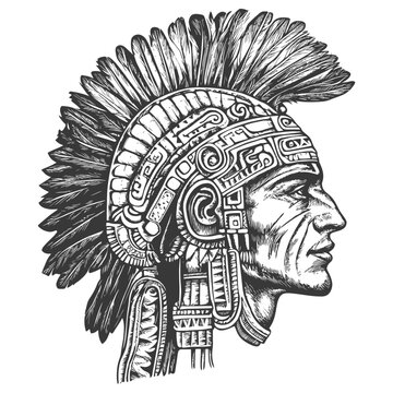 Hand-drawn Profile of a Native American Man Wearing a Headdress