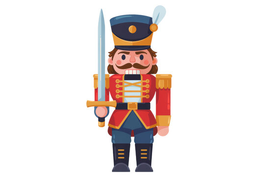 Vibrant cartoon nutcracker soldier standing proudly with sword