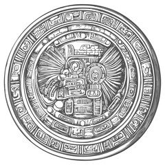 Fototapeta premium Hand-Drawn Sketch of a Circular Mayan Artifact with Intricate Glyphs and Designs