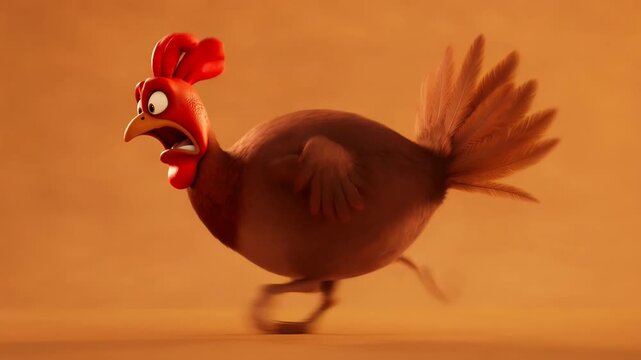 Animated chicken running scared in cartoon style character animation on brown background funny chicken animation cartoon animal