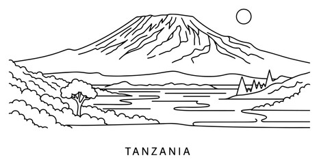 Line Art Mount Kilimanjaro Landscape Tanzania Outline Safari Scenery © Celestynka