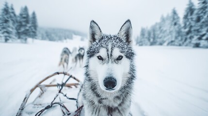 Naklejka premium Siberian Huskies Pulling Sled Through Snowy Landscape, Winter Adventure