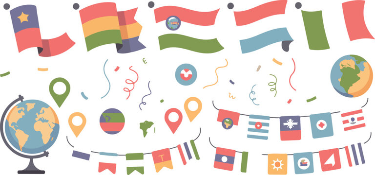 Set of flags from around world, earth globe, map markers, ribbons and celebration elements
