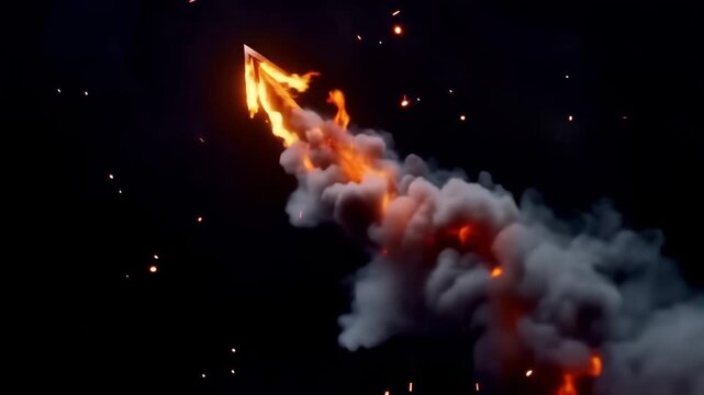A glowing upward arrow neon smoke sparks, fiery orange red electric blue accents, rising dark futuristic background, cinematic glow floating particles abstract high-tech progress, achievement success