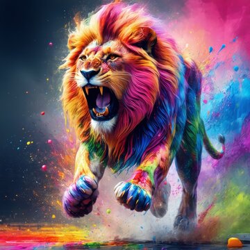 happy holi lion Majestic lion with golden mane standing in the sun at the zoo roof roaring proudly celebrating holi