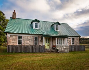 Obraz premium historic residential cottage with two dormer windows and green corrugated iron roof