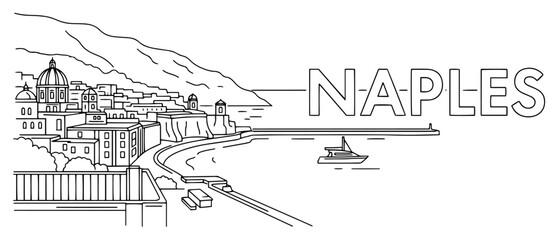 Naples Coastline Panorama Minimal Line Art Cityscape with Boat Outline Illustration © Celestynka