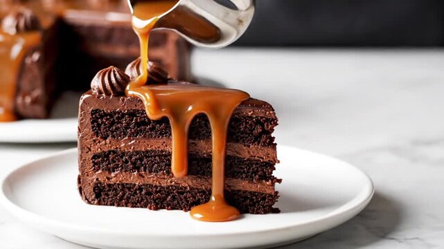 Slice of multi-layered chocolate cake being drizzled with caramel sauce from a metal container