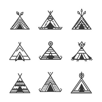 Nine Black and White Illustrations of Teepees with Unique Designs