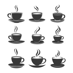 Fototapeta premium Nine Black and White Silhouettes of Coffee Cups with Steam