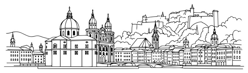 Fototapeta premium Minimal Line Art Salzburg Skyline with Hohensalzburg Fortress and Cathedral Outline Illustration