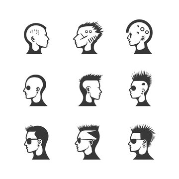 Nine Black and White Silhouettes of Human Heads with Different Hairstyles and Piercings