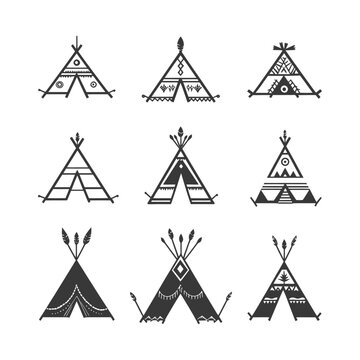 Nine Black and White Silhouettes of Native American Teepees