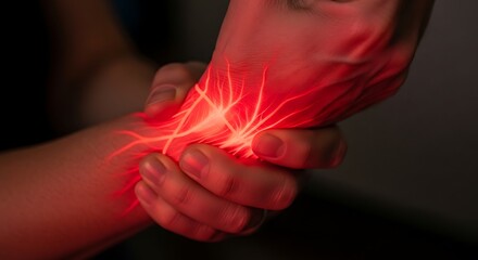 Fototapeta premium Close-up of human hand with glowing red nerve pain or carpal tunnel syndrome medical concept in dark background
