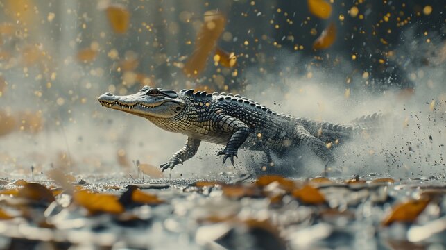 A reptile sprints through a cloud of dust and falling leaves in a dynamic, action shot