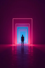 Obraz premium Neon Light Tunnel and Silhouette Photography