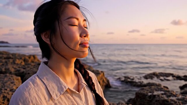 Woman meditating on rocky beach at sunset. Peaceful atmosphere enhances mindfulness practice. Nature's beauty inspires self-reflection and serenity.