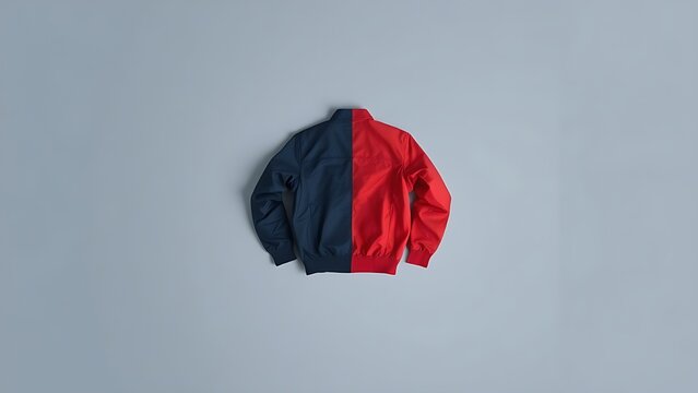 reversible. A reversible jacket lying on a plain surface, one side blue and the other red. lifestyle magazines, social media lookbooks, designed for lifestyle magazines and social media content.
