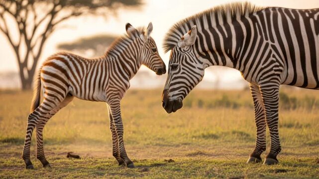 Zebra Foal and Adult Interacting in Savannah.