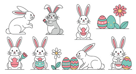 Obraz premium Set of cute cartoon Easter bunnies and decorated eggs in a simple line art style for holiday celebration design, featuring adorable rabbits holding flowers and painted eggs