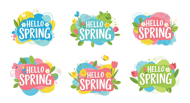 Colorful collection of six Hello Spring typographic designs with flowers, butterflies, and leaves in a cheerful cartoon style for seasonal greetings and celebrations