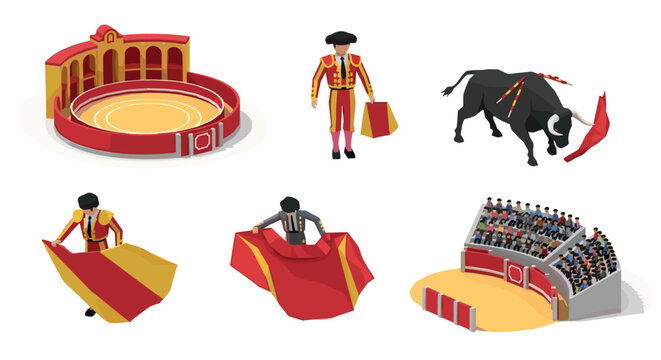 Collection of bullfighting isometric vector icons depicting a matador in a traditional suit, a black bull, a bullring arena, and spectators watching the show