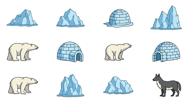 Set of arctic animal and nature illustrations featuring polar bears, igloos, icebergs, and a wolf, depicted in a simple, clean cartoon style with bold outlines