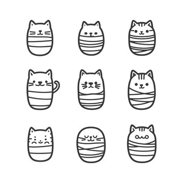 Nine Wrapped Cats with Different Expressions and Markings