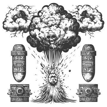 Nuclear Explosion with Skull and Three Exploding Bombs