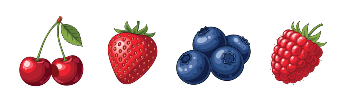 Vibrant collection of four berry illustrations featuring shiny red cherries with a leaf, a ripe strawberry, plump blueberries, and a juicy raspberry in a detailed cartoon style