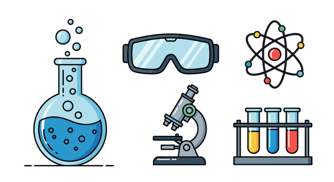 Collection of colorful science icons featuring a laboratory flask, microscope, atom, safety goggles, and test tubes in a flat, outlined illustration style for research concepts