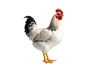 Chicken with bold red comb standing tall on bright white background