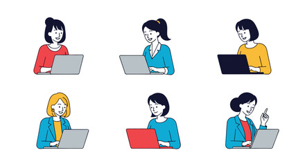Set of six diverse women working on their laptops in a simple, modern flat illustration style, showcasing various professional and casual female characters in an office setting