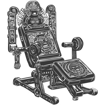 Ornate Aztec Throne with Intricate Carvings and Human Faces