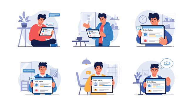 Set of six flat vector illustrations showing a man checking his online order status on a tablet, depicting different stages and emotions of the e-commerce purchase journey