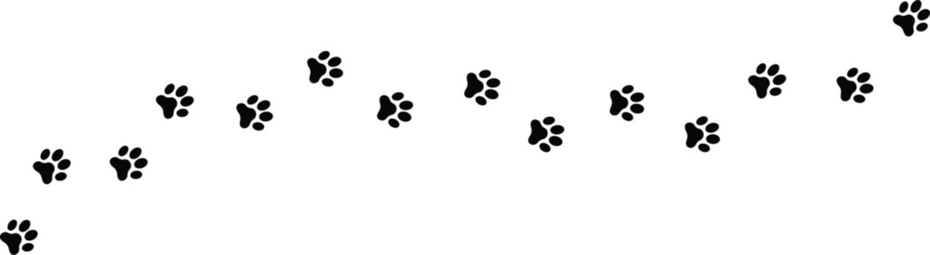Seamless paw print pattern background with cat and dog footprints in solid and outline style, black animal track repeat design vector isolated on transparent background