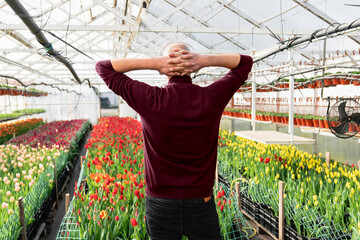 Man in a flower greenhouse