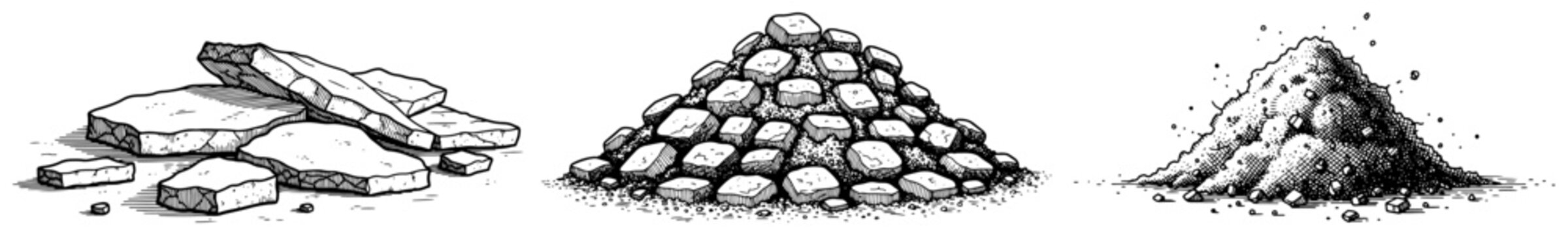 Set of three piles containing construction materials like stones sand and rubble in vintage style