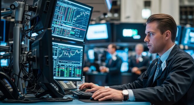 Trader analyzing stock market data on multiple computer screens in a bustling financial trading room