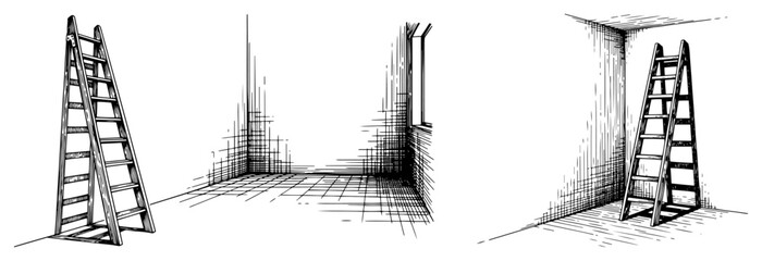 Architectural hand drawn sketch of empty room interiors with wooden step ladders in corners © AnjaliDesai