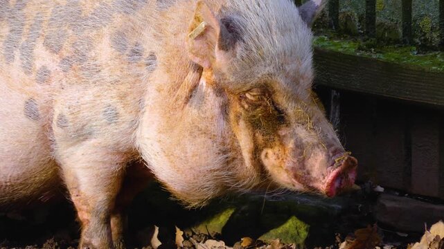 close up Pot-Bellied Pigs moving around a back yard ona sunny autumn day in the south of Germany