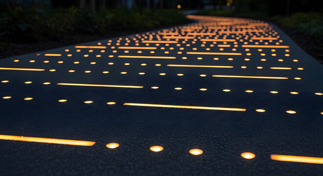 An illuminated dark pathway glows with intricate patterns of orange dots and lines, subtly resembling Morse code.