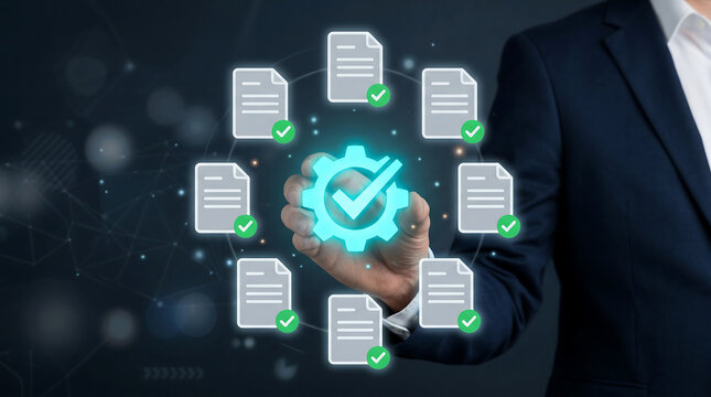 Business compliance document approval workflow with glowing gear checkmark and verified file icons showing quality assurance validation and process automation concept