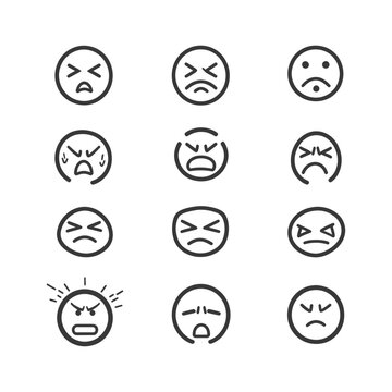 Set of 12 Hand Drawn Angry Emojis in Black and White