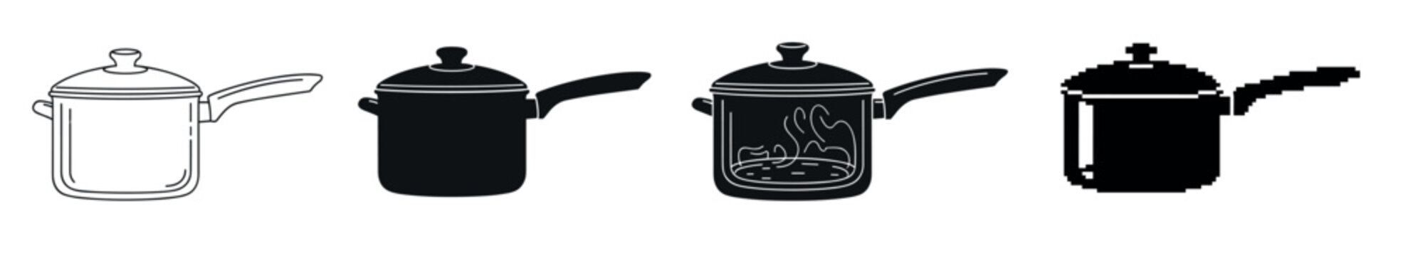 Cooking pot icon set in four different styles including line art, solid black silhouette, glyph with steam, and pixel art for graphic design elements and web pictograms